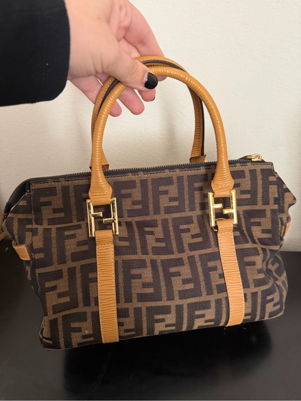 Fendi Brown FF Canvas Boston Zucca Bag with Tan Leather Handles